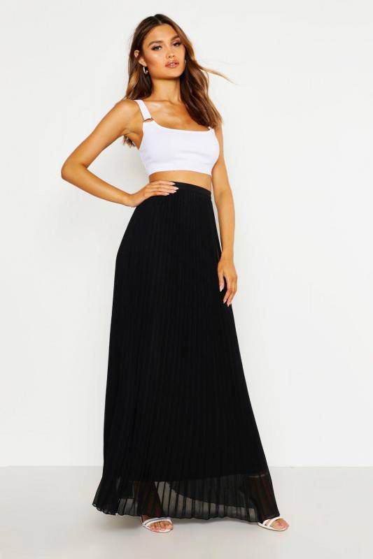 boohoo Geplooide Chiffon Maxi Rok, Zwart