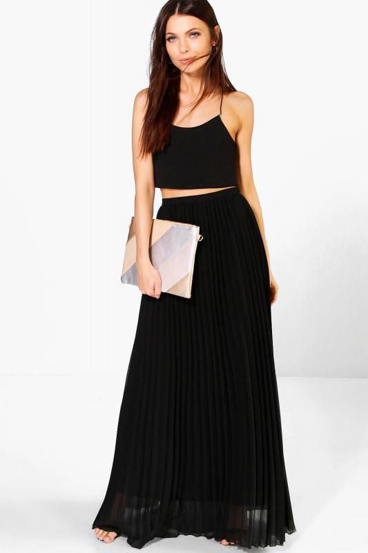 boohoo Geplooide Chiffon Maxi Rok, Zwart