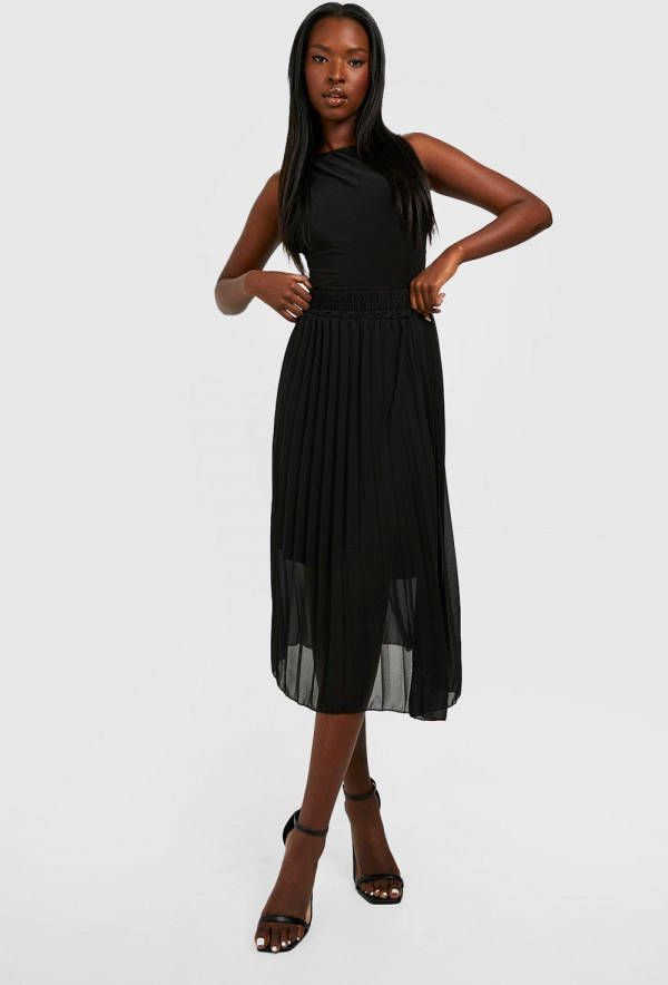 boohoo Geplooide Chiffon Midi Rok, Black