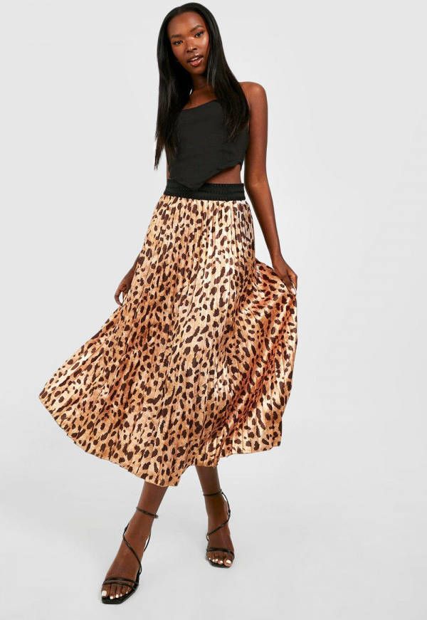 boohoo Geplooide Satijnen Luipaardprint Midaxi Rok, Stone
