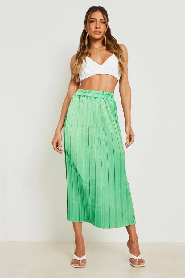 boohoo Geplooide Satijnen Midaxi Rok, Bright Green