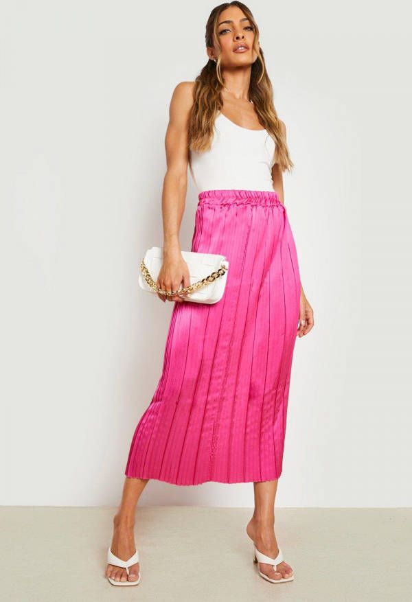 boohoo Geplooide Satijnen Midaxi Rok, Hot Pink