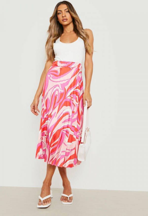 boohoo Geplooide Satijnen Midi Rok Met Abstracte Print, Pink