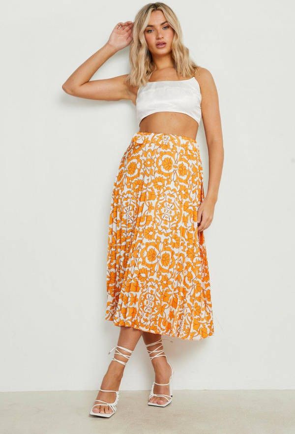 boohoo Geplooide Satijnen Porselein Print Midi Rok, Orange