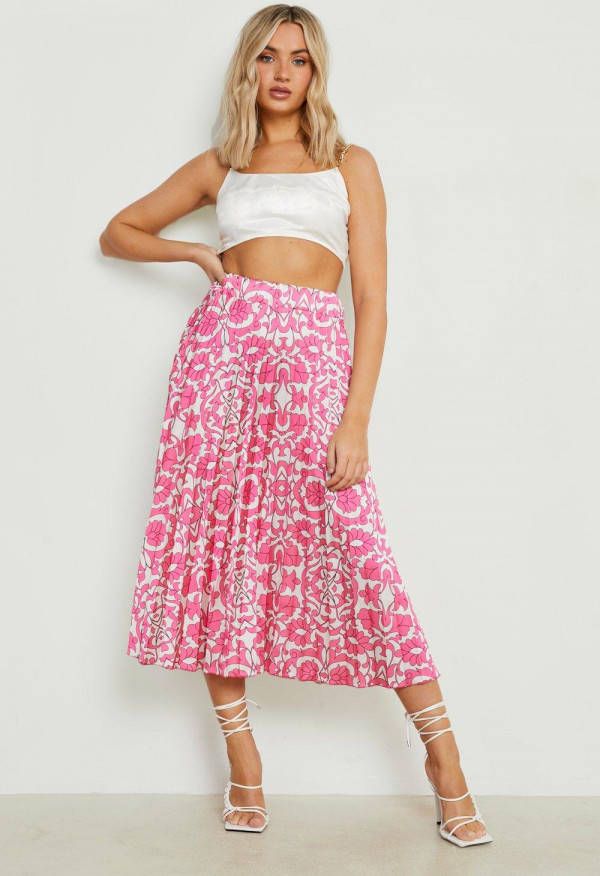 boohoo Geplooide Satijnen Porselein Print Midi Rok, Pink
