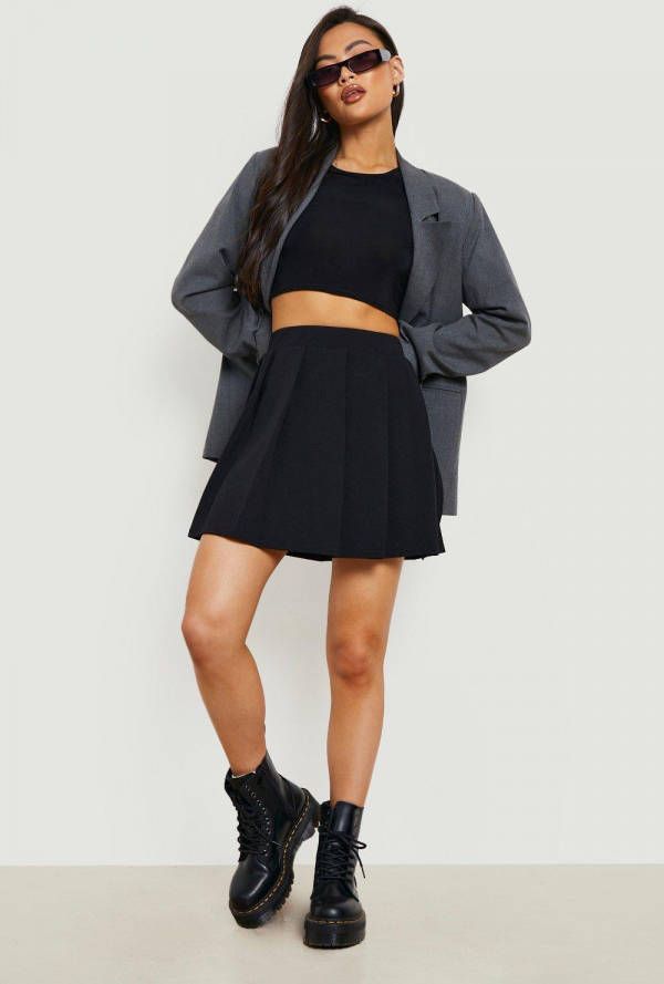 boohoo Geplooide Tennis Rok Met Split, Black