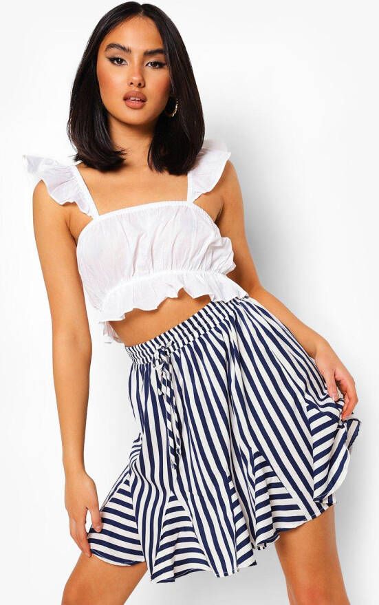 boohoo Gestreept Mini Skater Rokje Met Geplooide Zoom, Navy