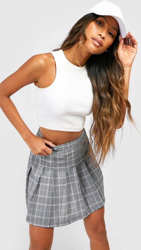 boohoo Geweven Geruite Geplooide Tennis Rok, Grey