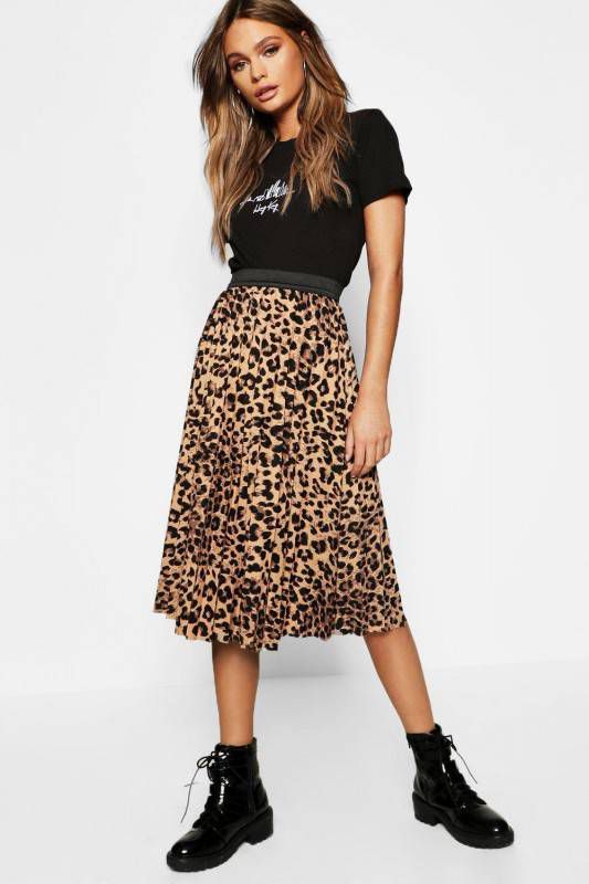 boohoo Geplooide Luipaardprint Midi Rok, Bruin
