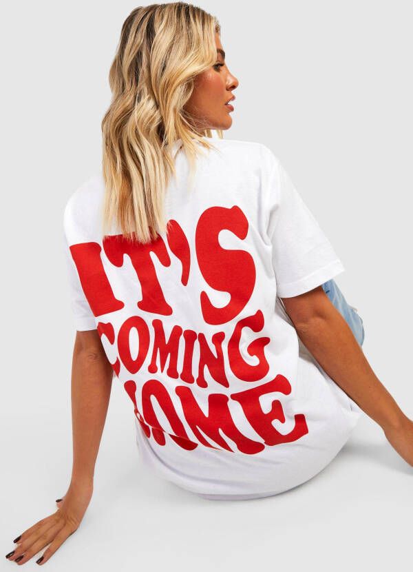 boohoo Oversized It'S Coming Home T Shirt Met Rugopdruk, White