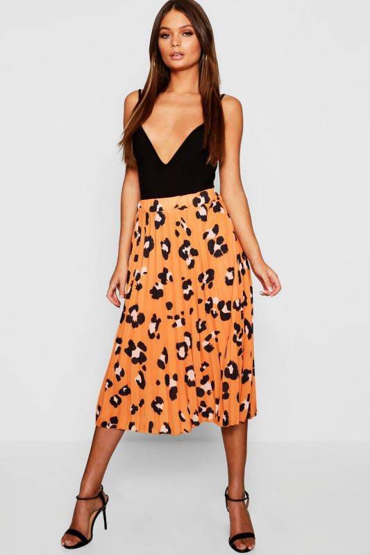boohoo Geplooide Luipaardprint Midi Rok, Oranje