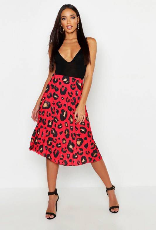 boohoo Geplooide Luipaardprint Midi Rok, Rood