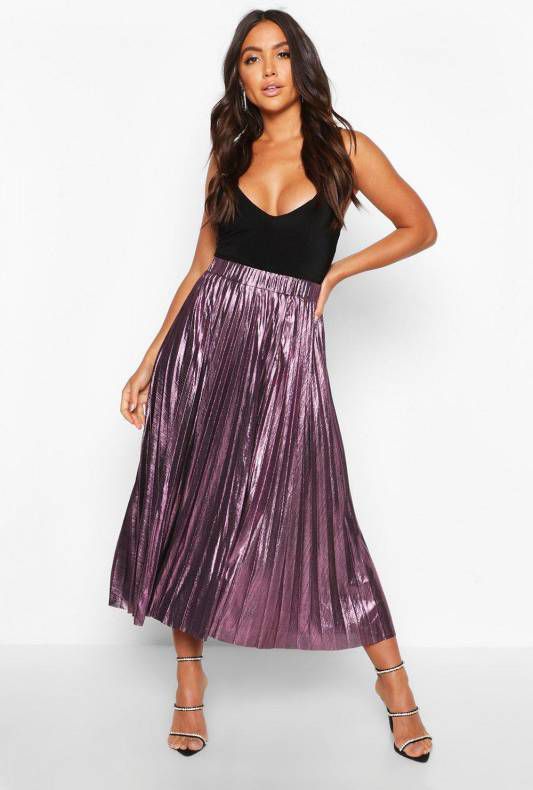 boohoo Geplooide Metallic Midi Rok, Pink