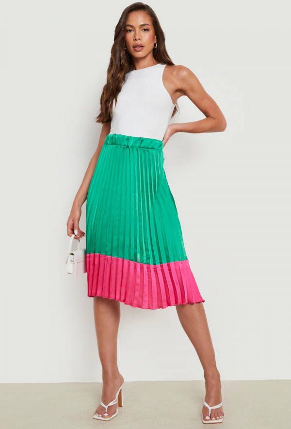 boohoo Satijnen Colour Block Midi Rok, Bright Green
