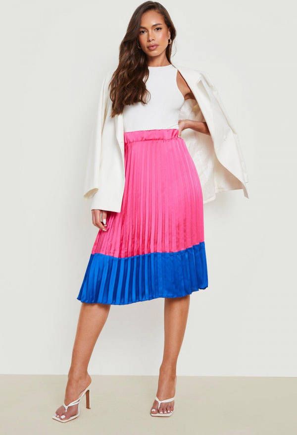 boohoo Satijnen Colour Block Midi Rok, Hot Pink