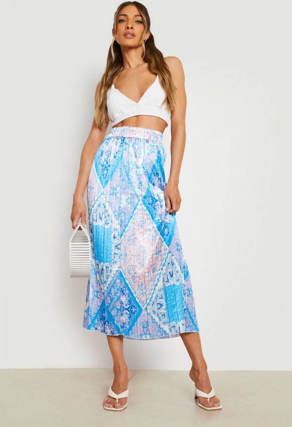 boohoo Satijnen Geplooide Sjaal Print Midaxi Rok, Azure