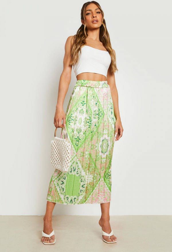 boohoo Satijnen Geplooide Sjaal Print Midaxi Rok, Lime