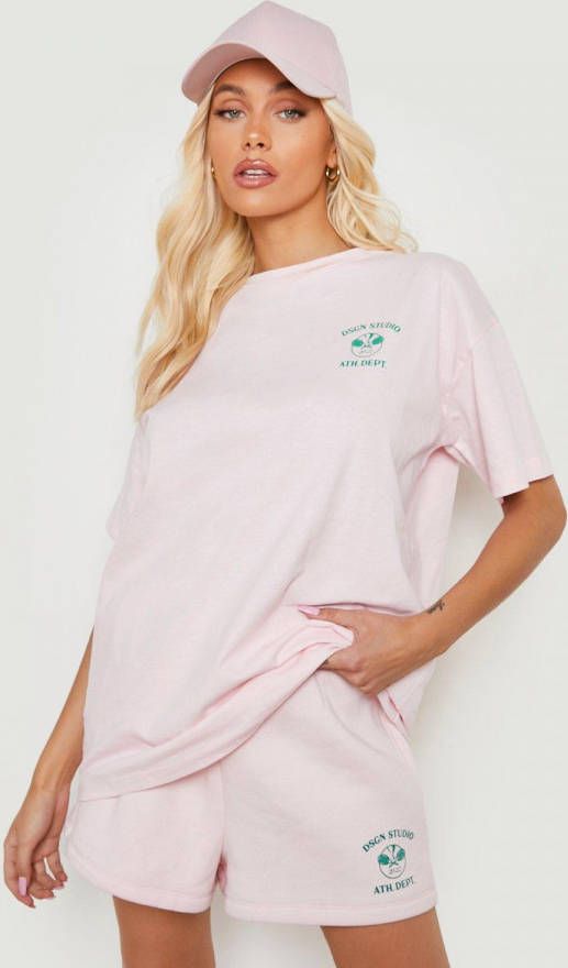 boohoo Tennis Trainingspak Met T Shirt Met Print En Shorts, Light Pink