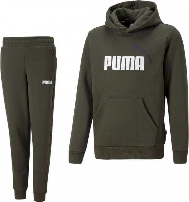 PUMA Essentials+ 2 College Big Logo Fleece Hoodie Trainingspak Kids Donkergroen Wit
