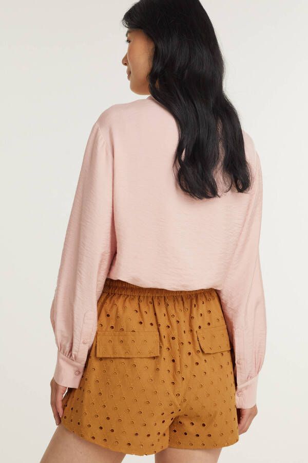 JOSH V high waist wide leg korte broek Dahlia met textuur cognac